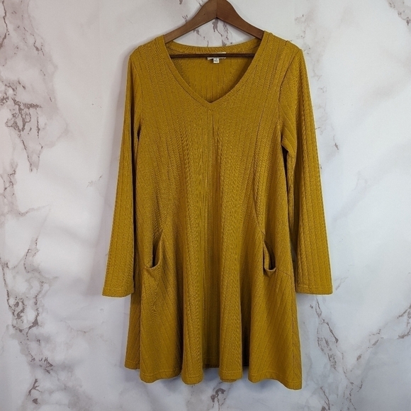 Umgee Long Sleeve Dress Rib Size Small Yellow Mustard Boho Tunic Pocket Basic - Picture 1 of 10